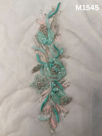 #M1545 Sky Blue and Silver Hand Beaded Floral Motif with Appliqué Accents, Intricate Thread work, Beads, and Sequins
