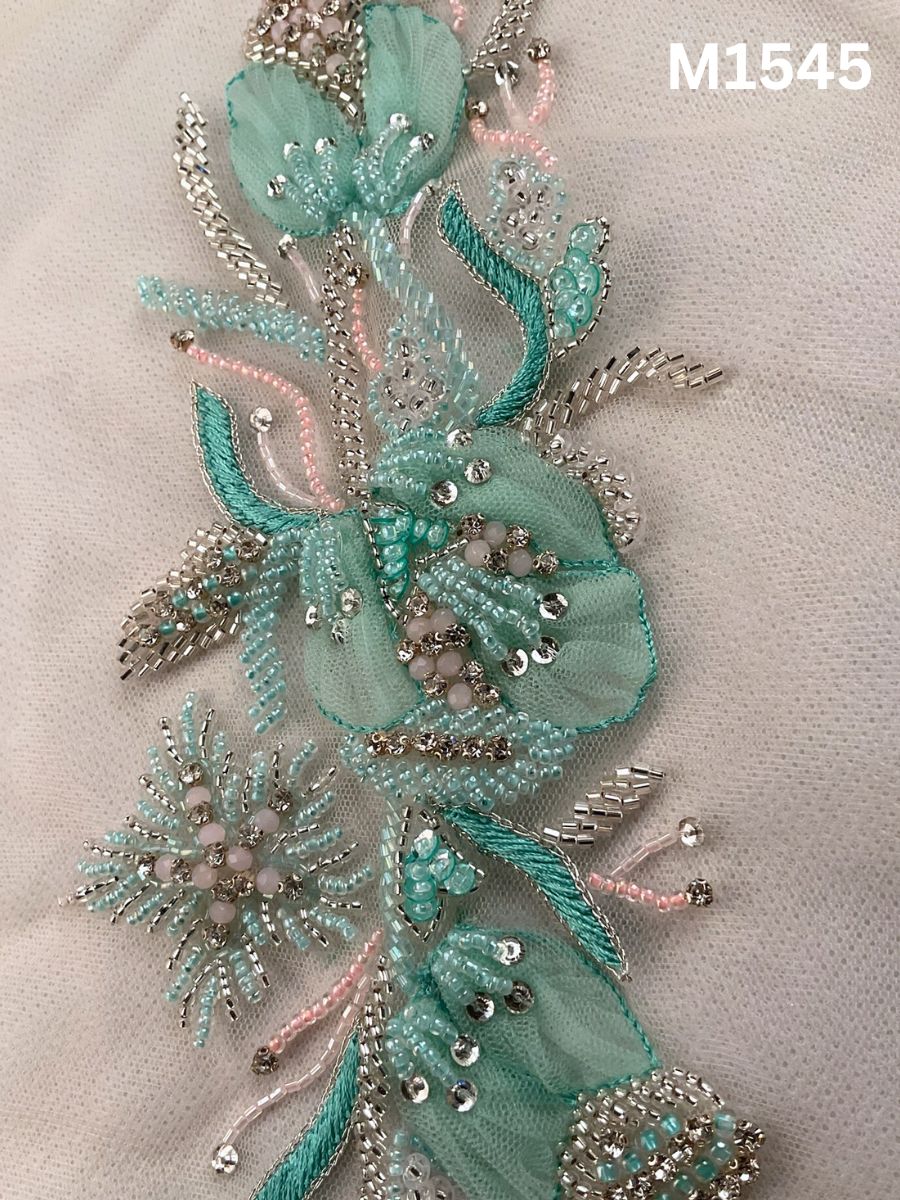 #M1545 Sky Blue and Silver Hand Beaded Floral Motif with Appliqué Accents, Intricate Thread work, Beads, and Sequins
