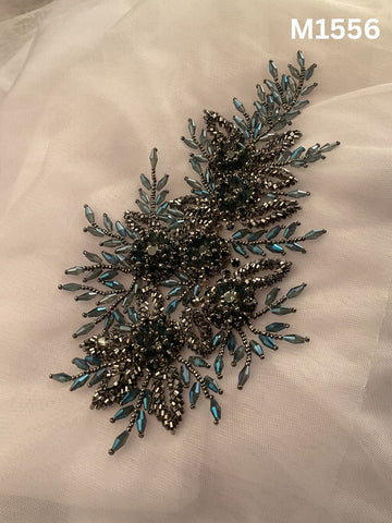 #M1556 Bottle Green Hand Beaded Floral Motif Embellished with Precision Beads and Sparkling Rhinestones
