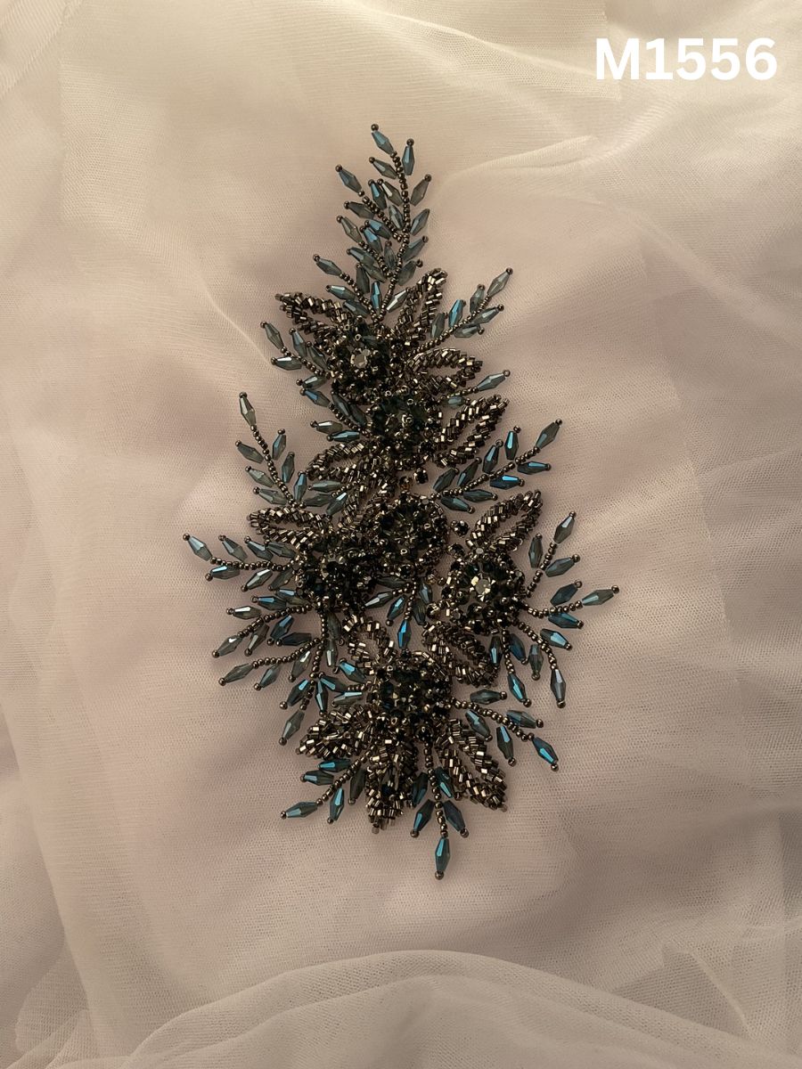 #M1556 Bottle Green Hand Beaded Floral Motif Embellished with Precision Beads and Sparkling Rhinestones