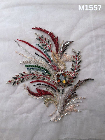 #M1557 Multi-Coloured Hand Beaded Floral Design Motif with Precision Beads and Shimmering Sequins