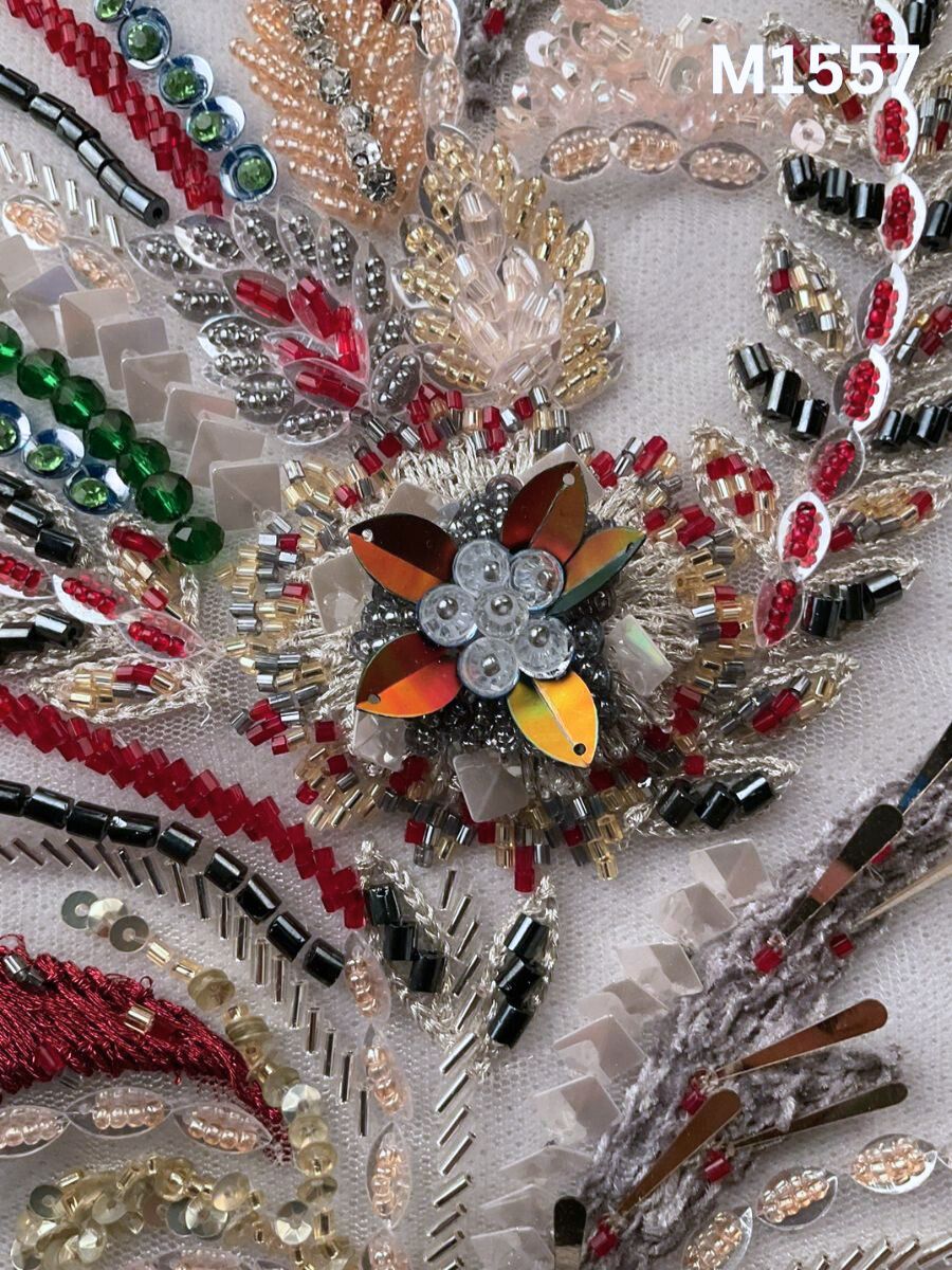 #M1557 Multi-Coloured Hand Beaded Floral Design Motif with Precision Beads and Shimmering Sequins