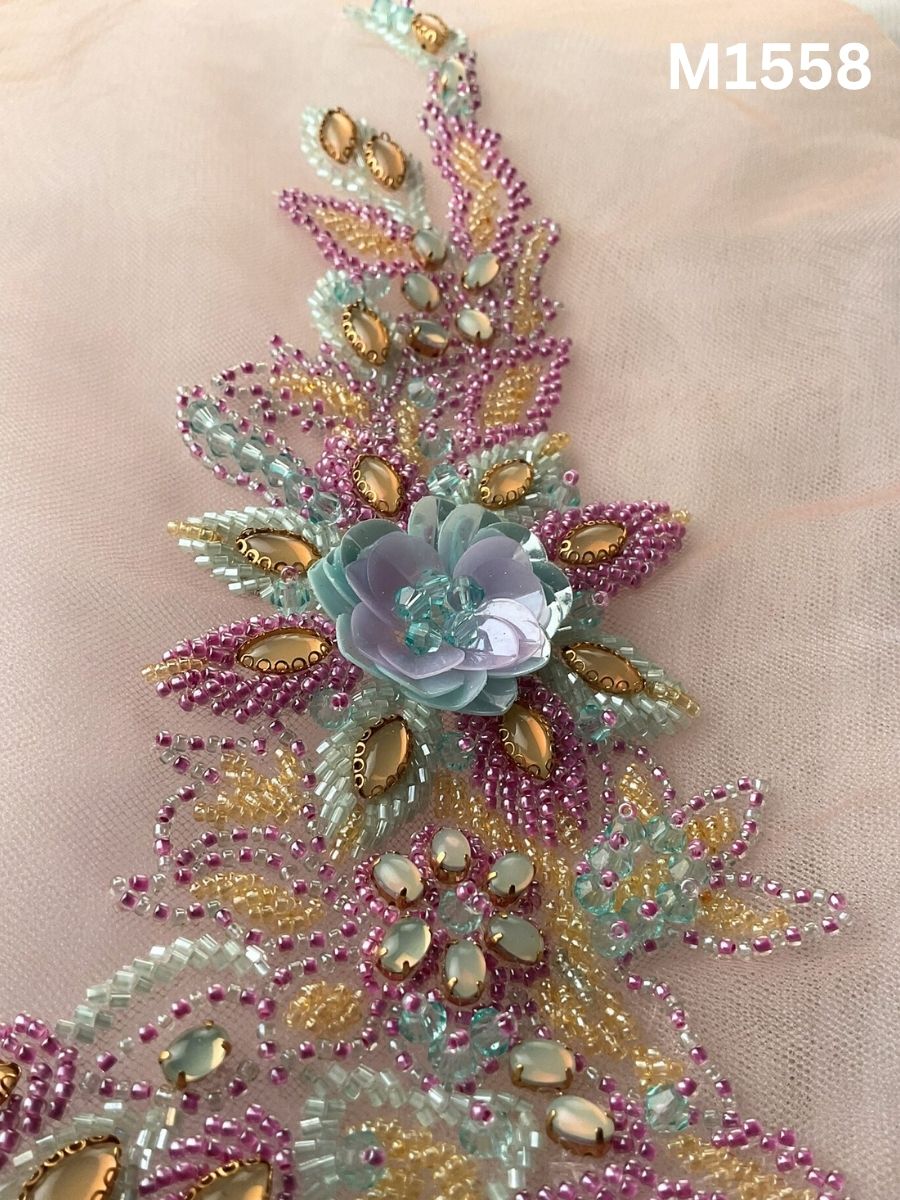 #M1558 Multi Coloured Hand-Beaded Floral Motif with Intricate Beads and Reflective Rhinestones