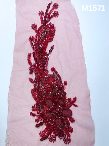 #M1571 Hand-Beaded Floral Motif in Radiant Red with Dimensional Beads and Appliqué Detailing