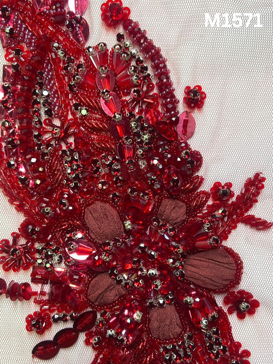 #M1571 Hand-Beaded Floral Motif in Radiant Red with Dimensional Beads and Appliqué Detailing