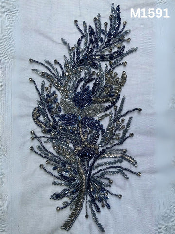 #M1591 Hand-Beaded Abstract Motif in Navy Blue and Silver with Intricate Beads