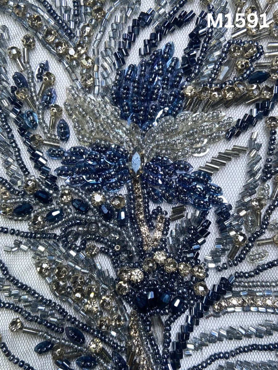 #M1591 Hand-Beaded Abstract Motif in Navy Blue and Silver with Intricate Beads