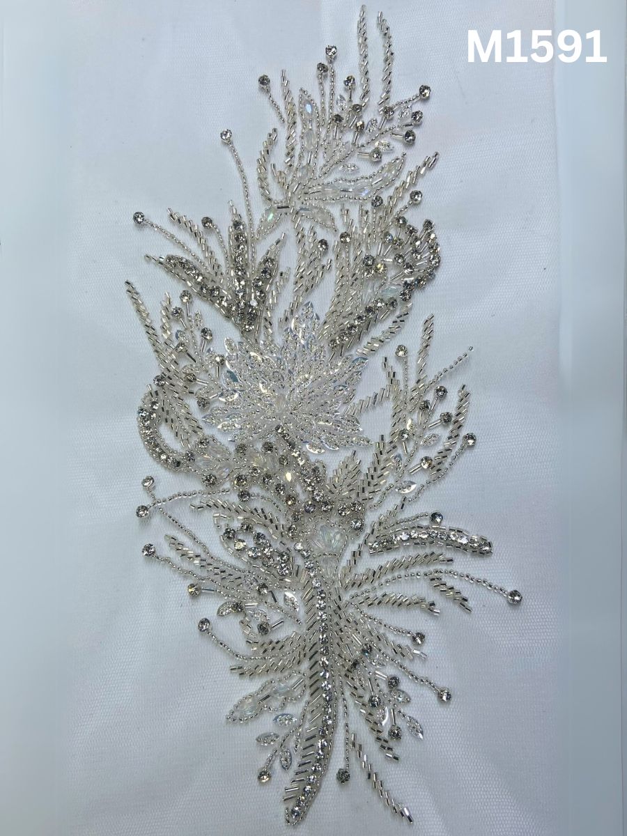 #M1591 Hand-Beaded Abstract Motif in Navy Blue and Silver with Intricate Beads