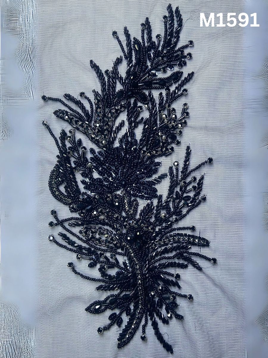 #M1591 Hand-Beaded Abstract Motif in Navy Blue and Silver with Intricate Beads