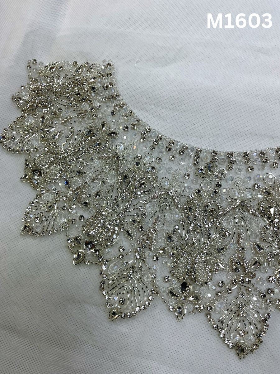 #M1603 Handcrafted Silver Beaded Design Motif with Precision-Placed Rhinestones