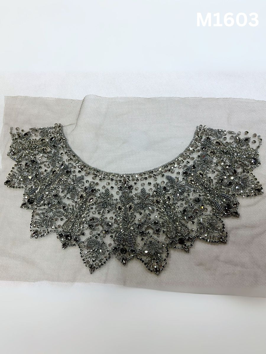 #M1603 Handcrafted Silver Beaded Design Motif with Precision-Placed Rhinestones