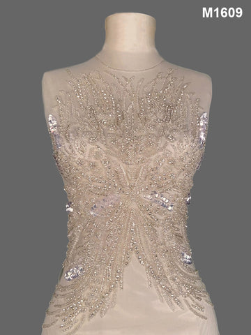 #M1609 Elegant Hand-Beaded Silver Bustier with Asymmetric Design, Adorned with Sequins, Beads, and Rhinestones