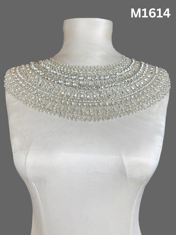 #M1614 Silver Hand-Beaded Fabric with Rhinestones & Beads