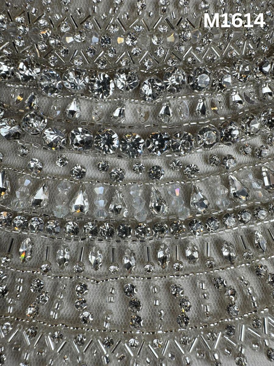 #M1614 Silver Hand-Beaded Fabric with Rhinestones & Beads