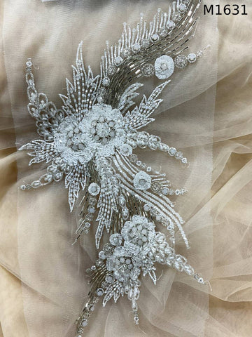 #M1631 Elegant Floral Design Motif Hand Beaded with Sequins, Rhinestones, and Crystal Beads – A Timeless Embellishment for Couture Fashion, Bridal Wear, and Luxurious Home Decor