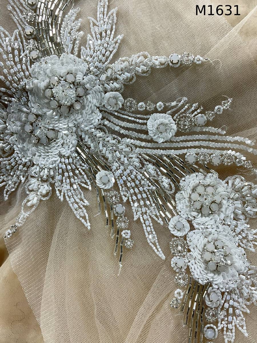 #M1631 Elegant Floral Design Motif Hand Beaded with Sequins, Rhinestones, and Crystal Beads – A Timeless Embellishment for Couture Fashion, Bridal Wear, and Luxurious Home Decor