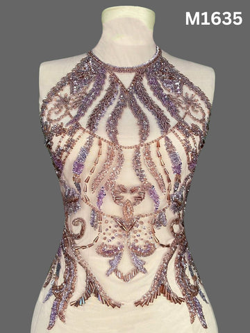 #M1635 Hand Beaded Couture Bustier in Purple Tone with Intricate Embellishments of Beads, Rhinestones, and Sequins