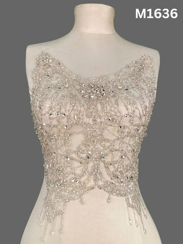 #M1636 Hand Beaded Silver Bustier with Precision-Placed Beads and High-Shine Rhinestones