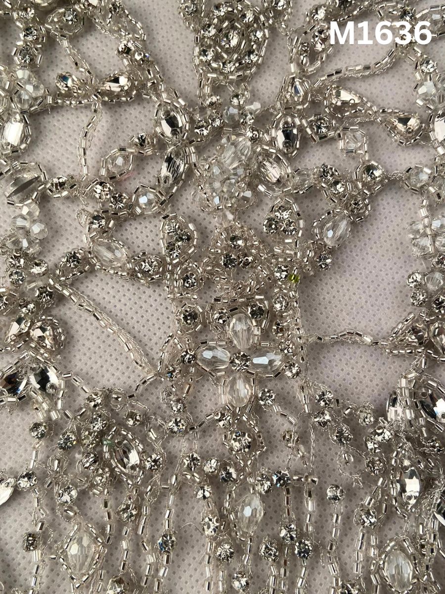 #M1636 Hand Beaded Silver Bustier with Precision-Placed Beads and High-Shine Rhinestones