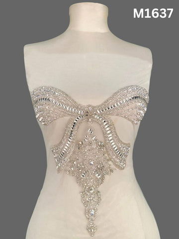 #M1637 Hand Beaded Silver Bustier Featuring Intricate Beads, Radiant Sequins, and Sparkling Rhinestones