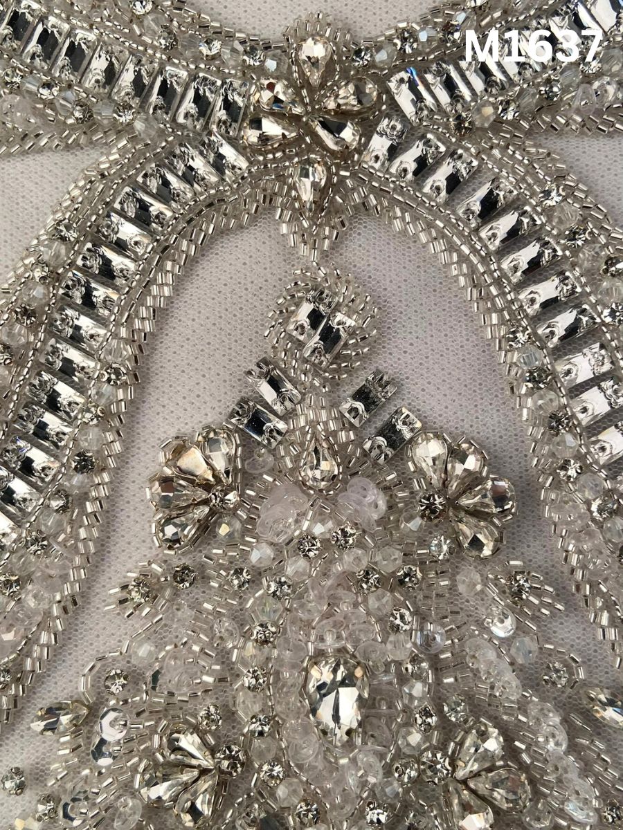 #M1637 Hand Beaded Silver Bustier Featuring Intricate Beads, Radiant Sequins, and Sparkling Rhinestones
