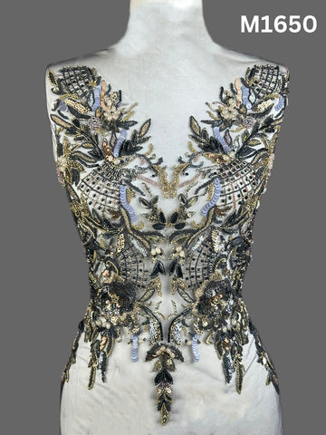 #M1650 Luxurious Hand-Beaded Bustier – Asymmetric Floral Design Embellished with Beads, Sequins, Crystals, and Intricate Thread Work for Statement Couture