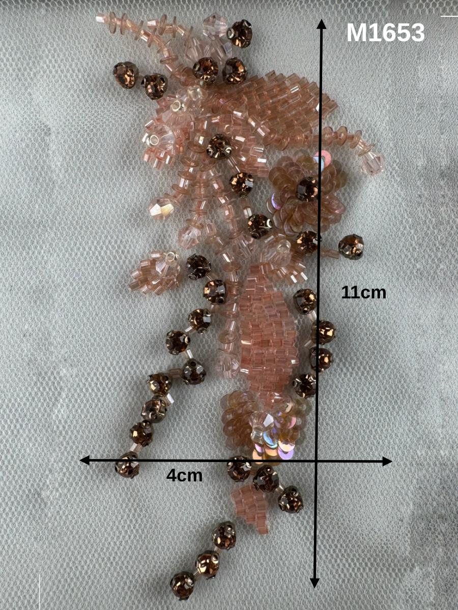#M1653 Ethereal Blush: Hand-Beaded Floral Motif in Blush Pink with Rhinestones, Sequins & Beads