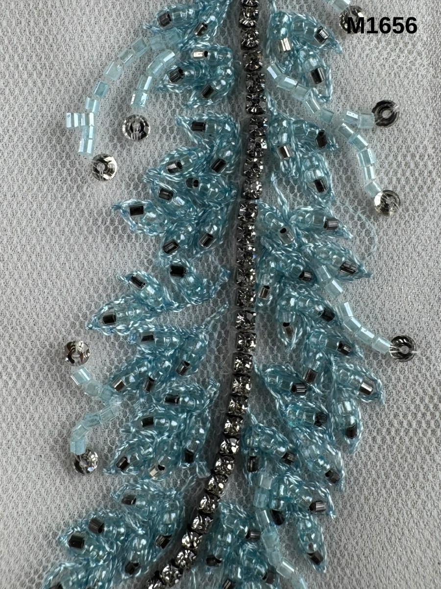 #M1656 Hand-Beaded Abstract Motif in Rich Blue with Precision Placed Beads and Rhinestones