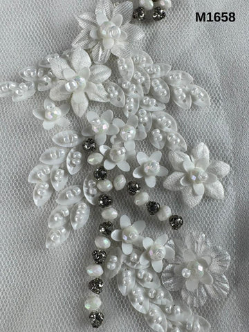#M1658 Ivory Bloom: Hand-Beaded Floral Motif Featuring Dimensional Appliqué and Delicate Beads