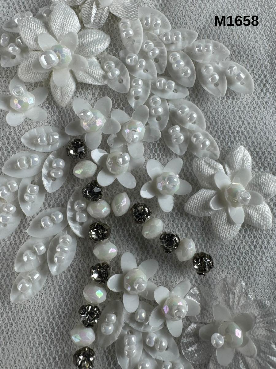 #M1658 Ivory Bloom: Hand-Beaded Floral Motif Featuring Dimensional Appliqué and Delicate Beads