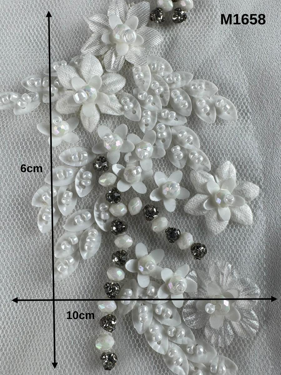 #M1658 Ivory Bloom: Hand-Beaded Floral Motif Featuring Dimensional Appliqué and Delicate Beads