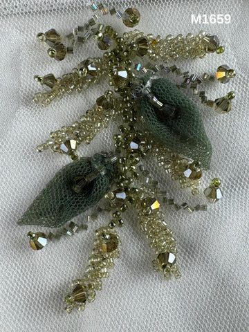 #M1659 Olive Dusk: Hand-Beaded Abstract Surface Motif with Dimensional Appliqué, Precision Beadwork & Crystal Detailing