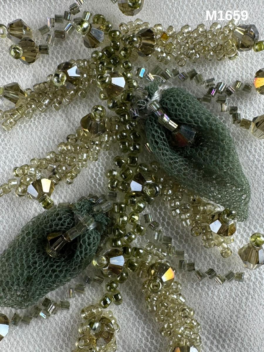 #M1659 Olive Dusk: Hand-Beaded Abstract Surface Motif with Dimensional Appliqué, Precision Beadwork & Crystal Detailing