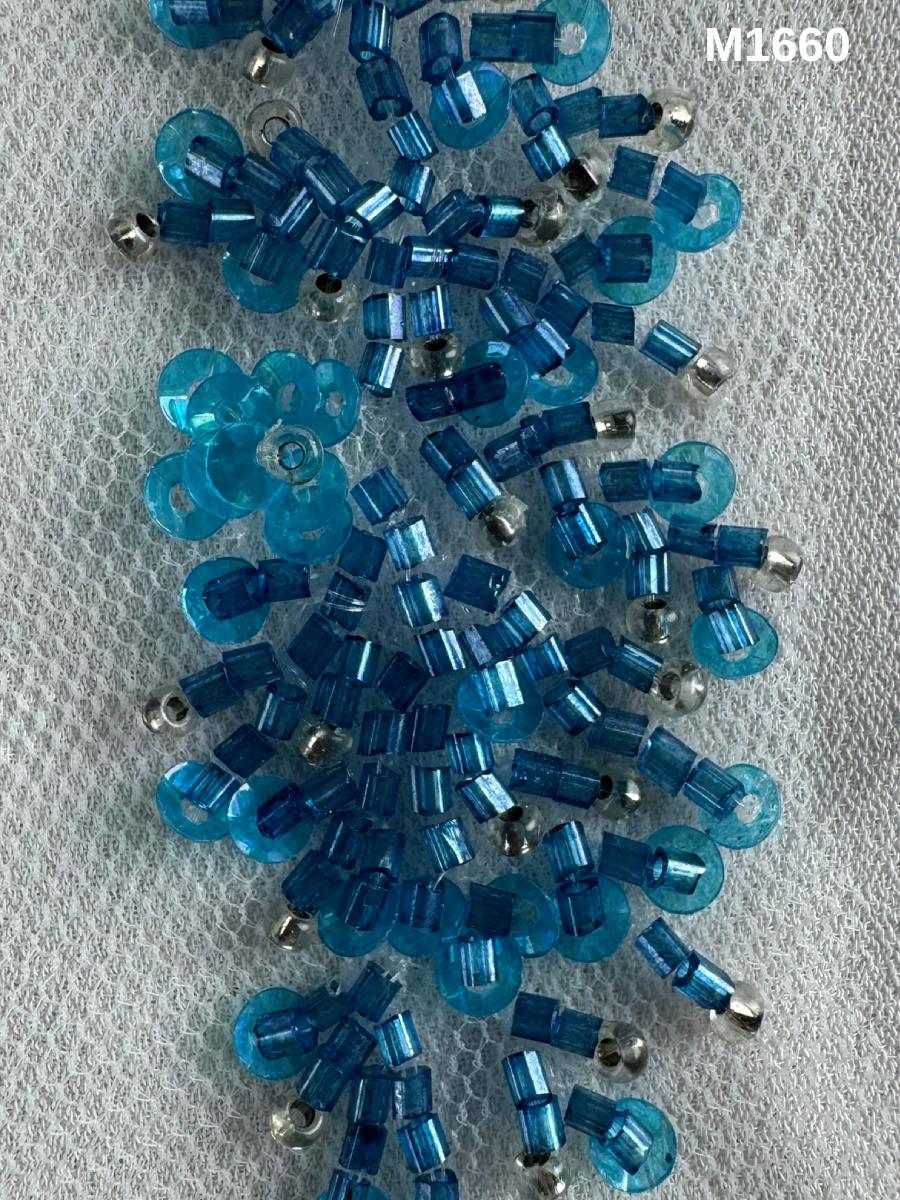 #M1660 Midnight Mirage: Hand-Beaded Abstract Design Surface Motif in Sky Blue with Sequin work and Beads