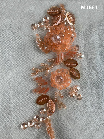 #M1661 Sunset Bloom: Hand-Beaded Floral Design Motif in Vibrant Orange with Intricate Beads and Rhinestone