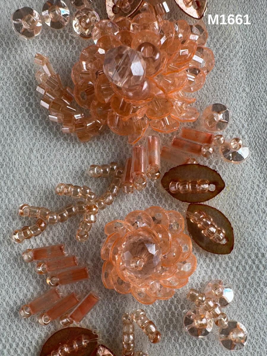 #M1661 Sunset Bloom: Hand-Beaded Floral Design Motif in Vibrant Orange with Intricate Beads and Rhinestone