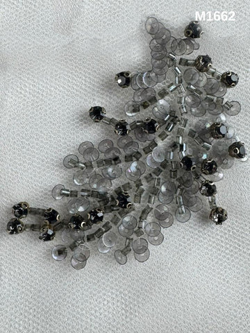 #M1662 Monochrome Mirage: Hand-Beaded Abstract Motif in Black and Grey with Layered Beads, Sequins, and Rhinestones