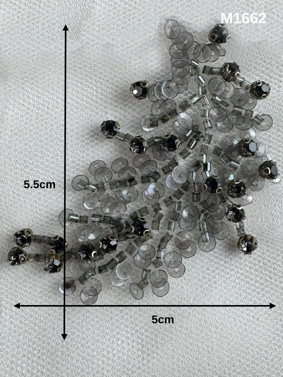 #M1662 Monochrome Mirage: Hand-Beaded Abstract Motif in Black and Grey with Layered Beads, Sequins, and Rhinestones