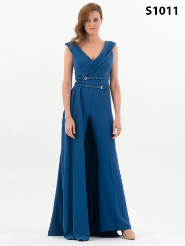 #S1011 Royal Blue Draped Cape Jumpsuit