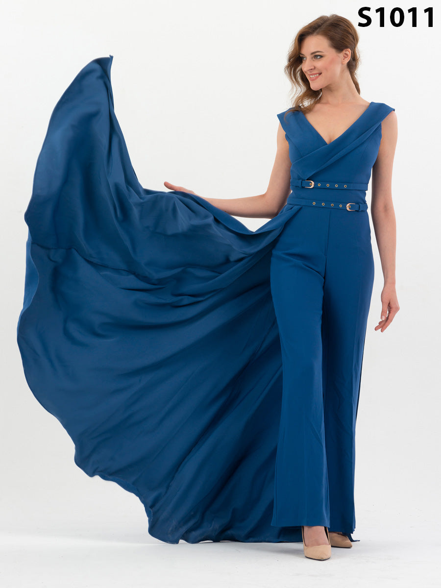 #S1011 Royal Blue Draped Cape Jumpsuit