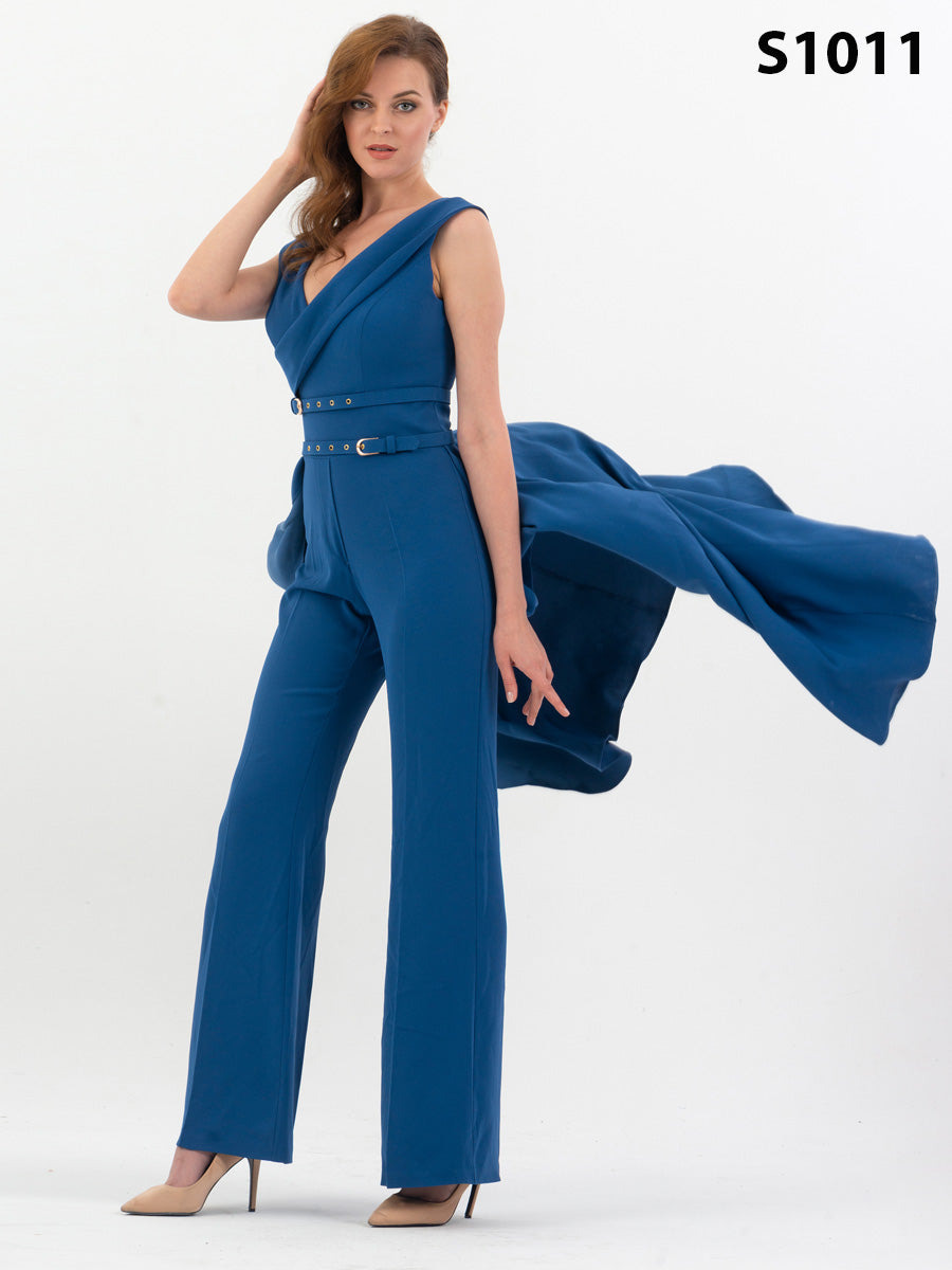 #S1011 Royal Blue Draped Cape Jumpsuit