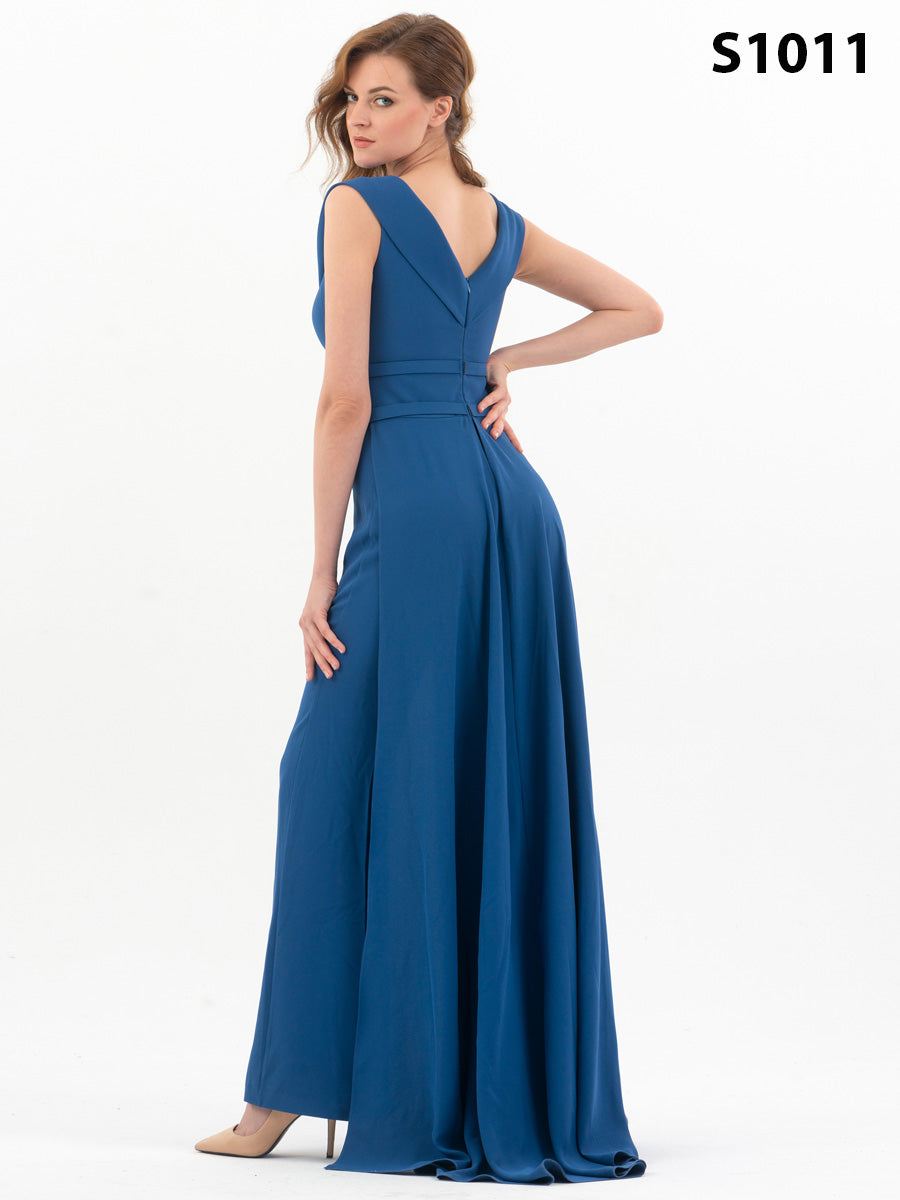 #S1011 Royal Blue Draped Cape Jumpsuit