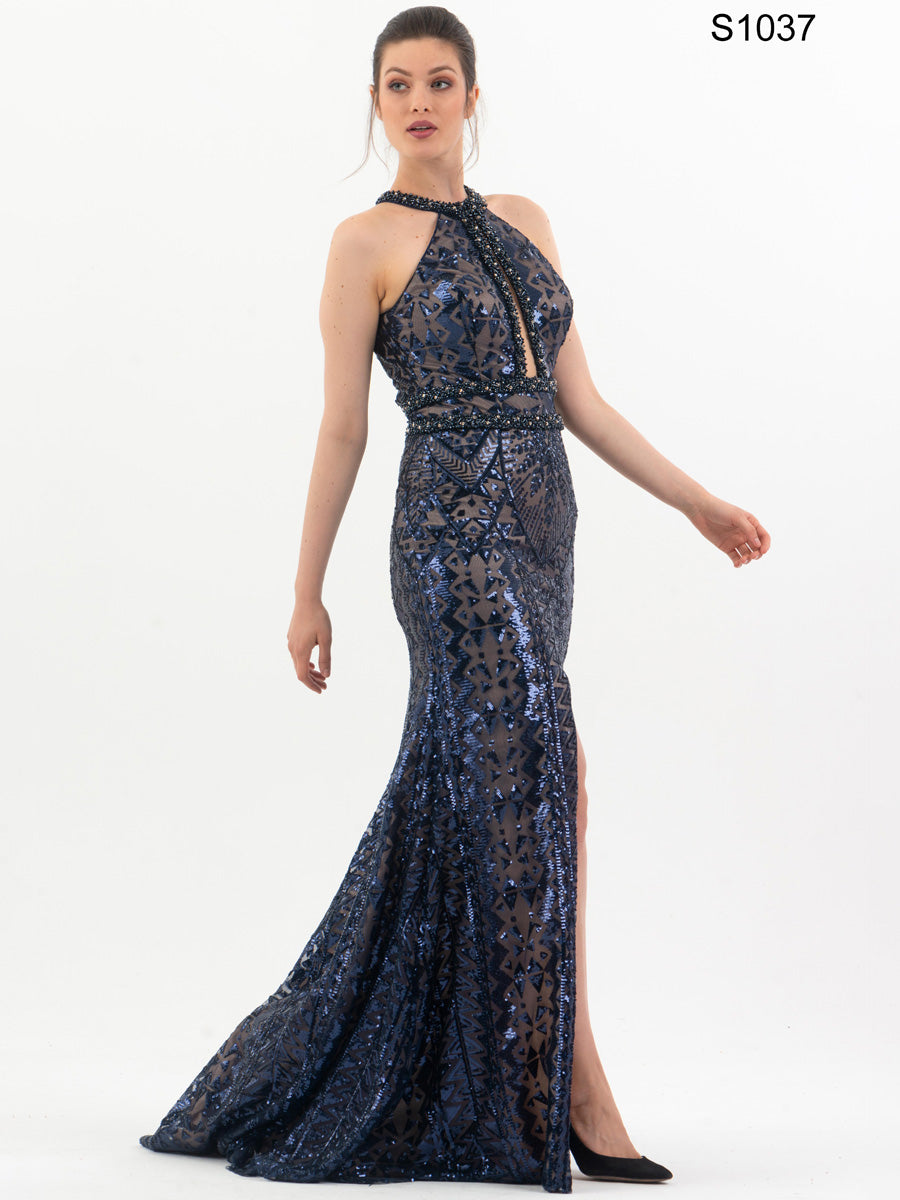 #S1037 Ethereal Elegance: Full Hand-Beaded Halter Dress with Slit