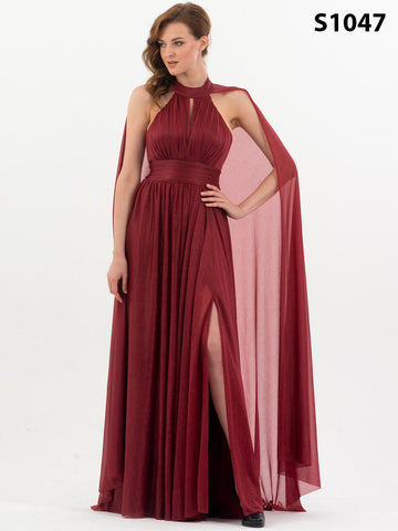 #S1047 Ethereal Halter Neck Chiffon Cape Dress