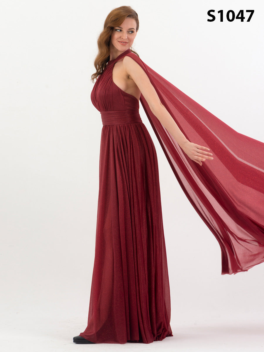 #S1047 Ethereal Halter Neck Chiffon Cape Dress