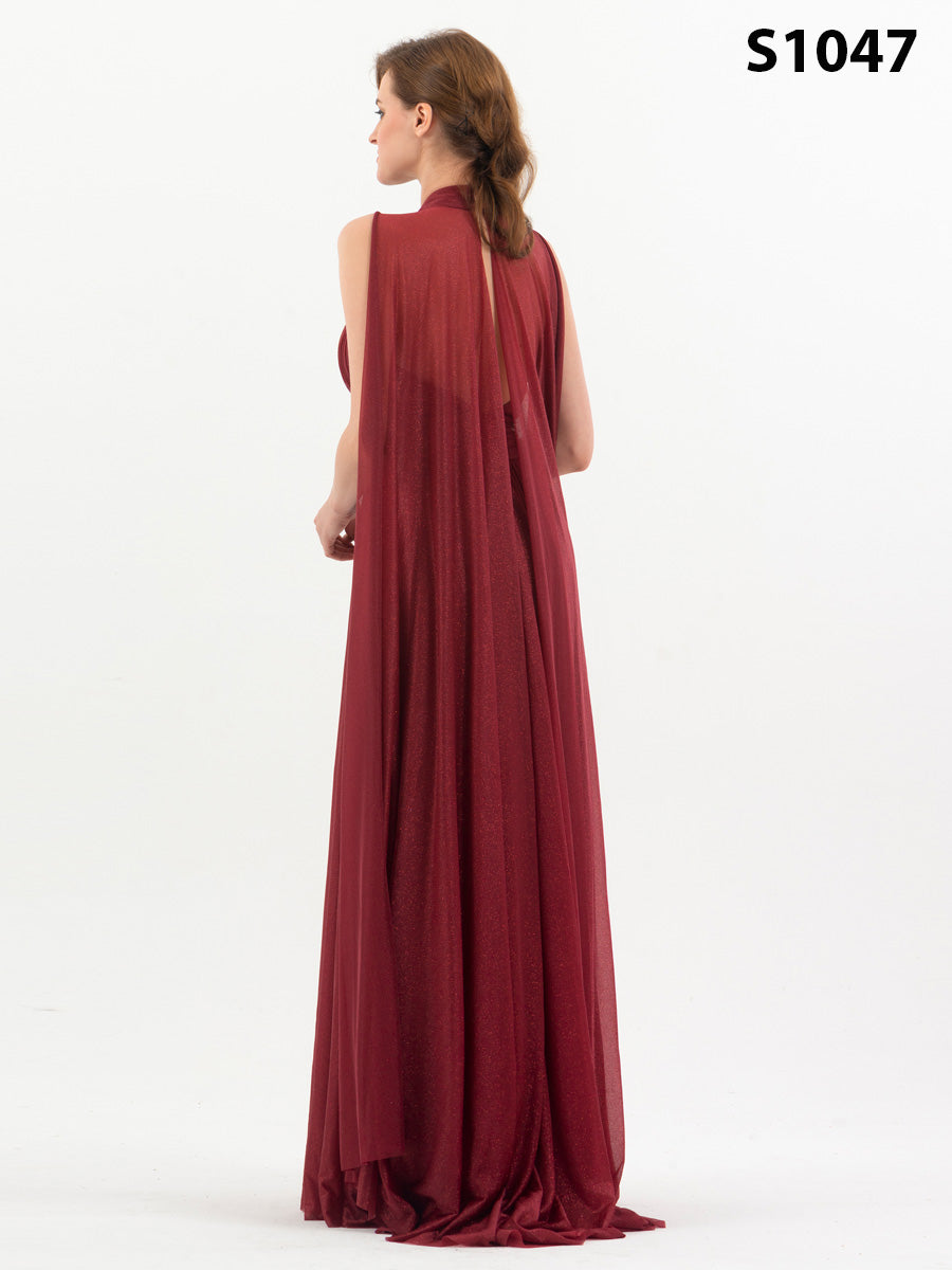 #S1047 Ethereal Halter Neck Chiffon Cape Dress