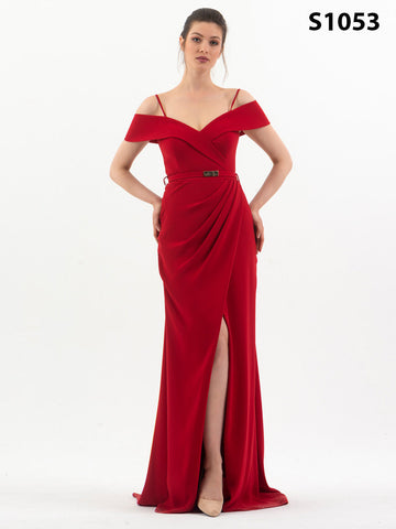 #S1053 Sleek Off-Shoulder Crepe Gown with Side Slit