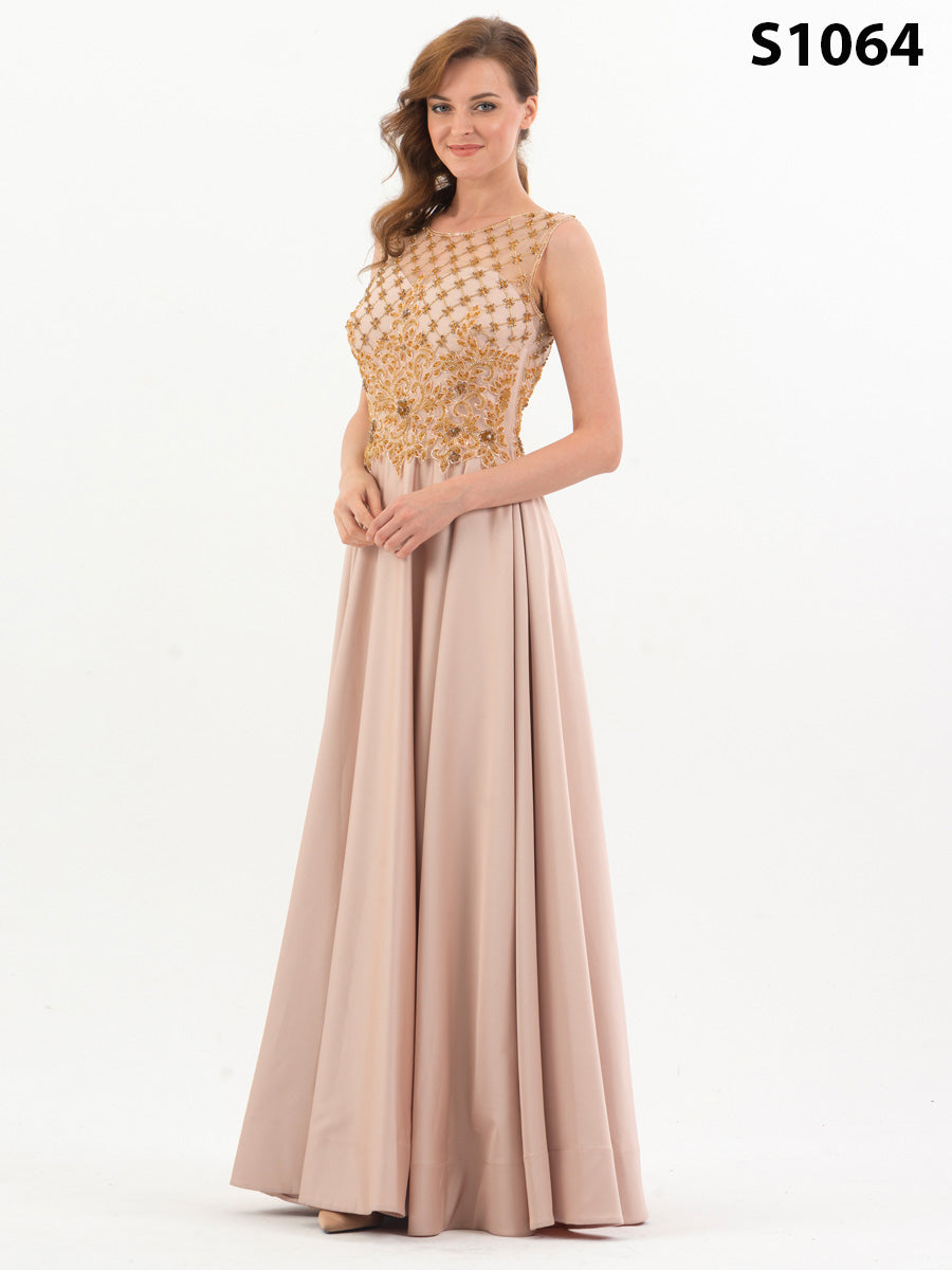 #S1064 Hand-Beaded Bodice Gown with Flowy Acetate Skirt