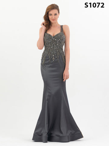 #S1072 Anthracite Hand-Beaded Bodice Gown with Rhinestone Details