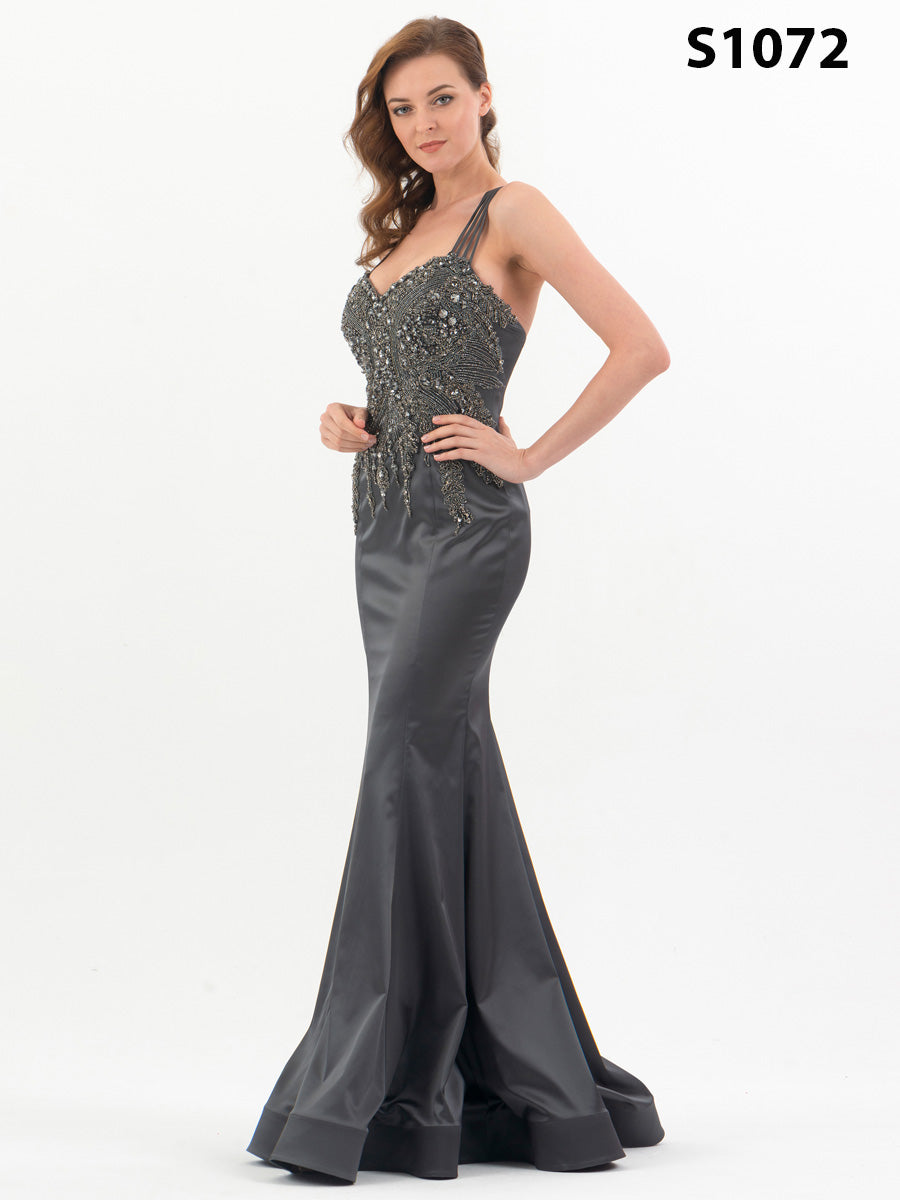 #S1072 Anthracite Hand-Beaded Bodice Gown with Rhinestone Details